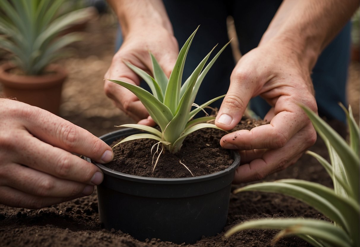 A yucca plant being carefully uprooted and transplanted into a larger pot, with a person holding the plant and another person preparing the new soil