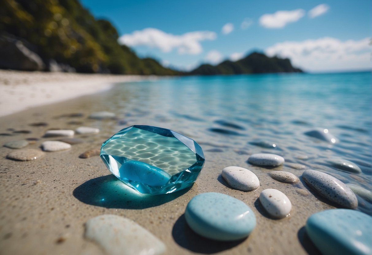 A serene beach with crystal clear waters, showcasing the blue hues of larimar stones scattered along the shore