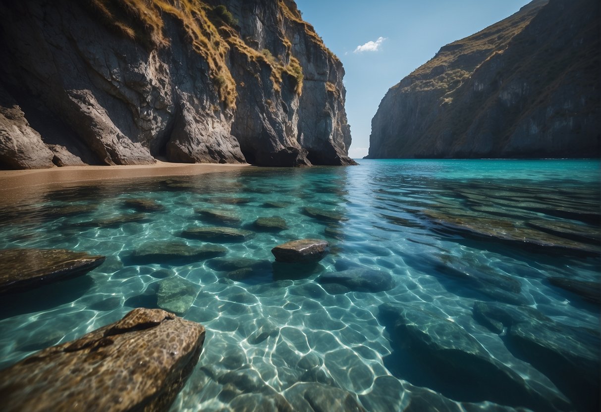 A serene beach with crystal-clear waters and rocky cliffs, where a rare blue mineral is formed from volcanic activity