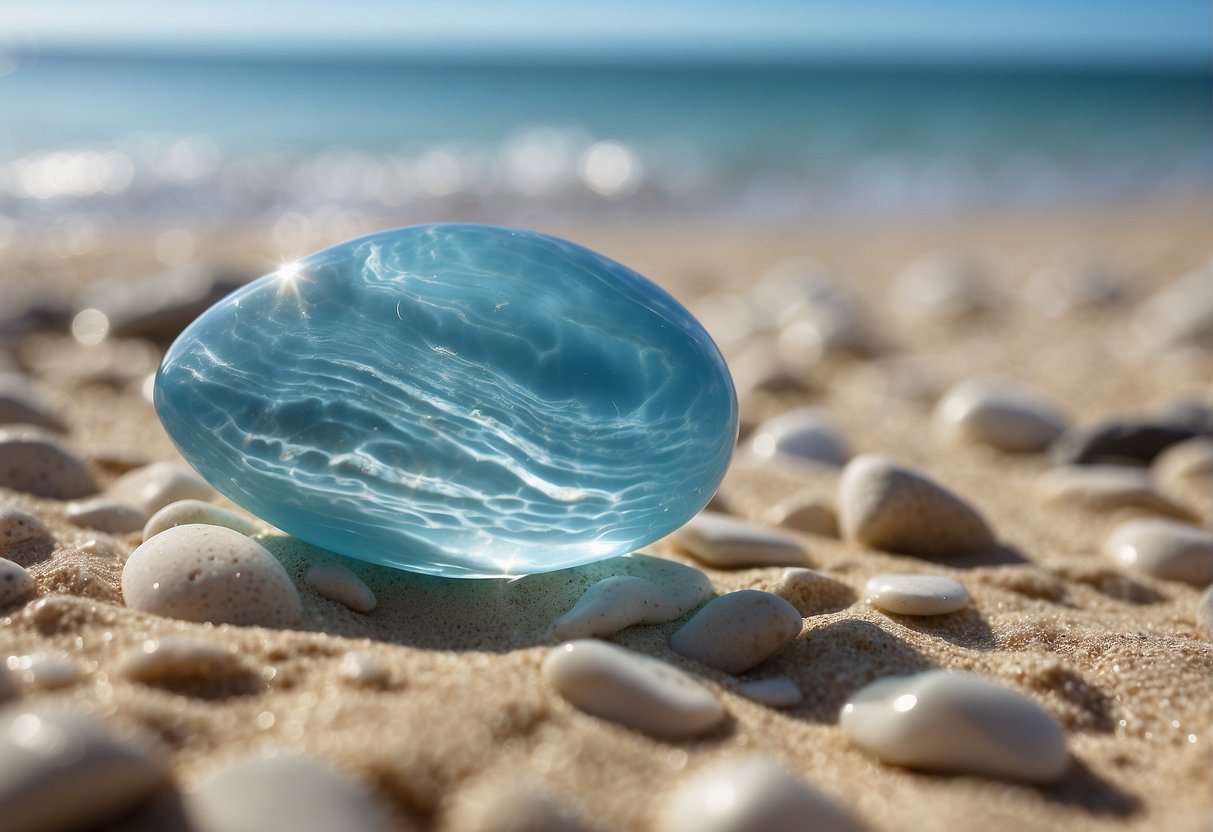 Ein Larimar-Stein liegt an einem Sandstrand und reflektiert das Sonnenlicht mit seiner himmelblauen Farbe, während im Hintergrund sanft Wellen rauschen