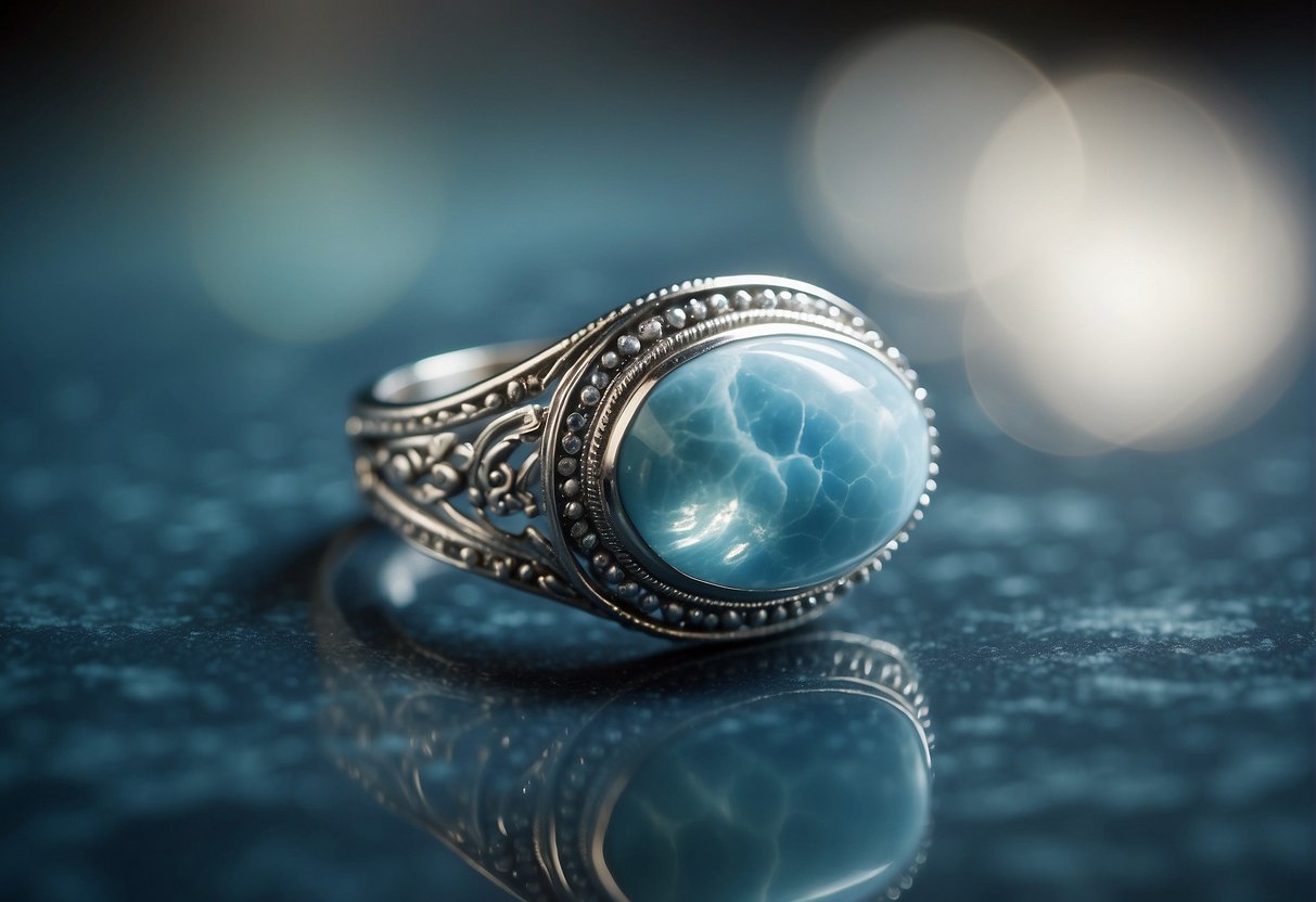 A sparkling larimar gemstone set in silver jewelry, catching the light with its soothing blue hues