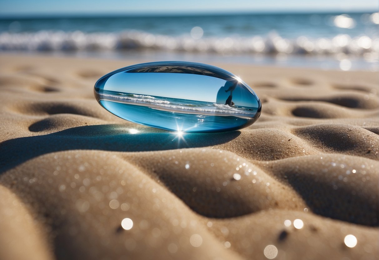 Ein ruhiger Strand mit einem strahlend blauen Stein im Sand, umgeben von sanften Wellen und einem klaren Himmel