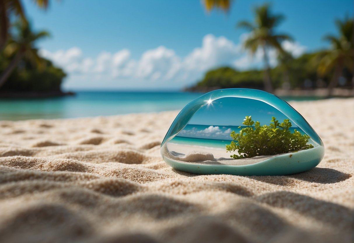 Ein ruhiger Strand mit klarem, blauem Wasser, einem einzelnen Larimar-Stein, der auf dem Sand ruht, umgeben von üppigem Grün und einer sanften Brise