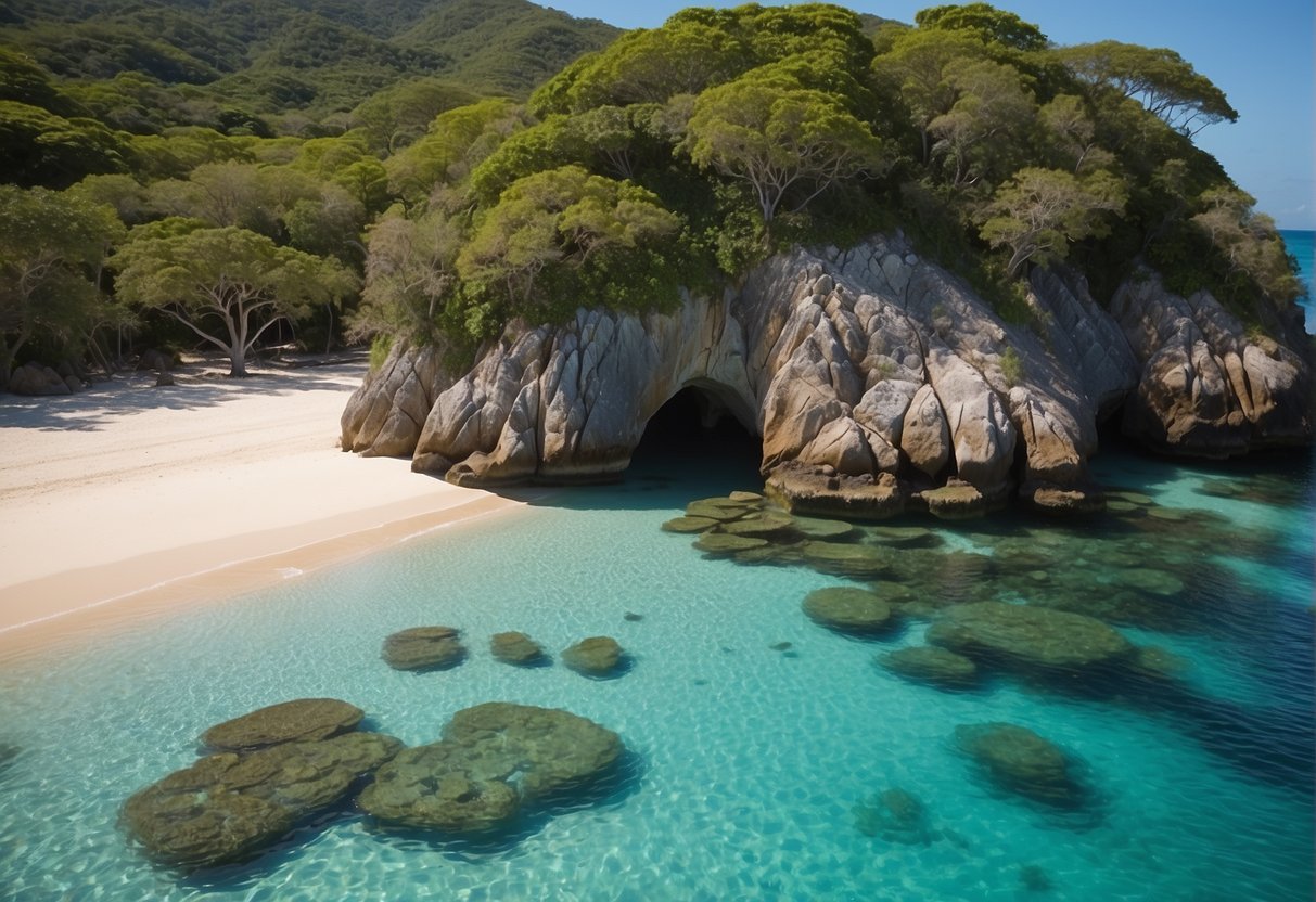 Ein ruhiger Strand mit klarem, blauem Wasser, umgeben von üppigem Grün und einer friedlichen Atmosphäre, der die therapeutischen Anwendungen und Vorteile der Larimar-Eigenschaften repräsentiert