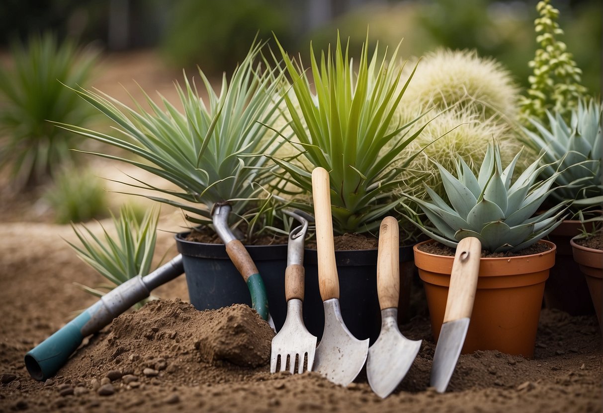 Gardening tools lay beside a cluster of yucca plants, ready to be dug and shipped