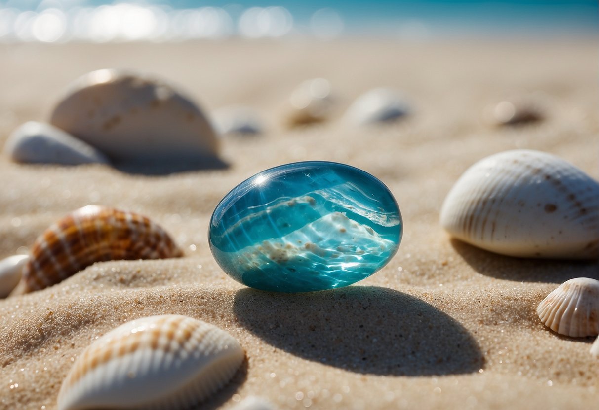 A serene beach with a calm ocean, blue sky, and a larimar stone resting on the sand, surrounded by seashells and gentle waves