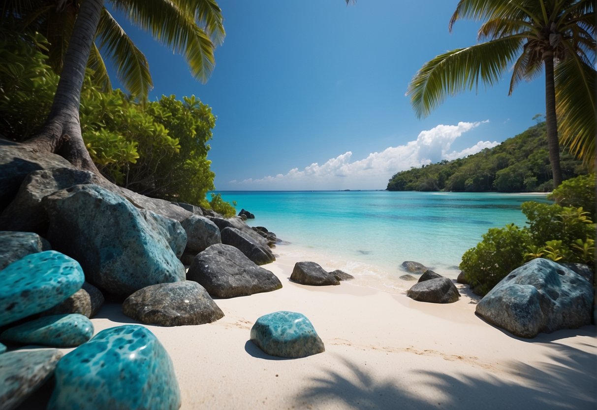 A serene beach with a backdrop of lush tropical foliage, showcasing the vibrant blue hues of larimar stones