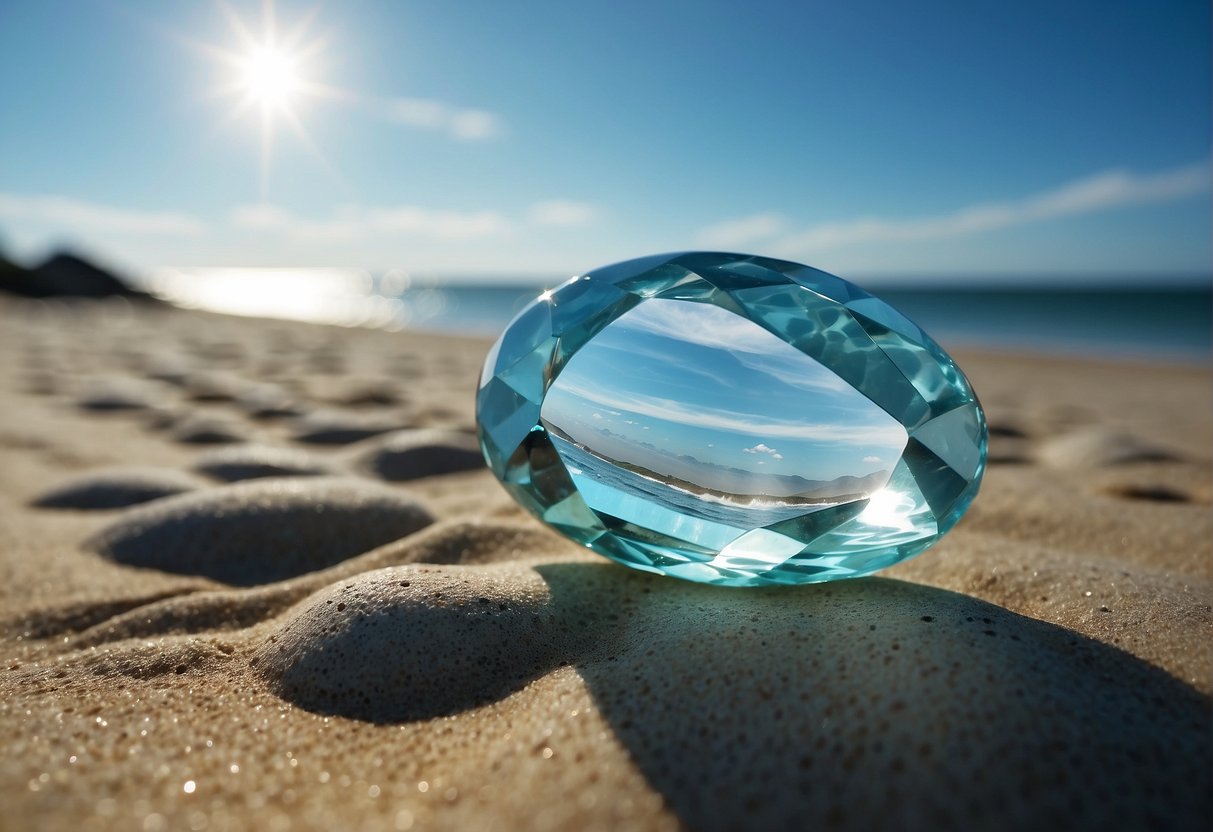 A serene ocean setting with a clear blue sky, showcasing a larimar stone being gently polished and cleaned by gentle waves