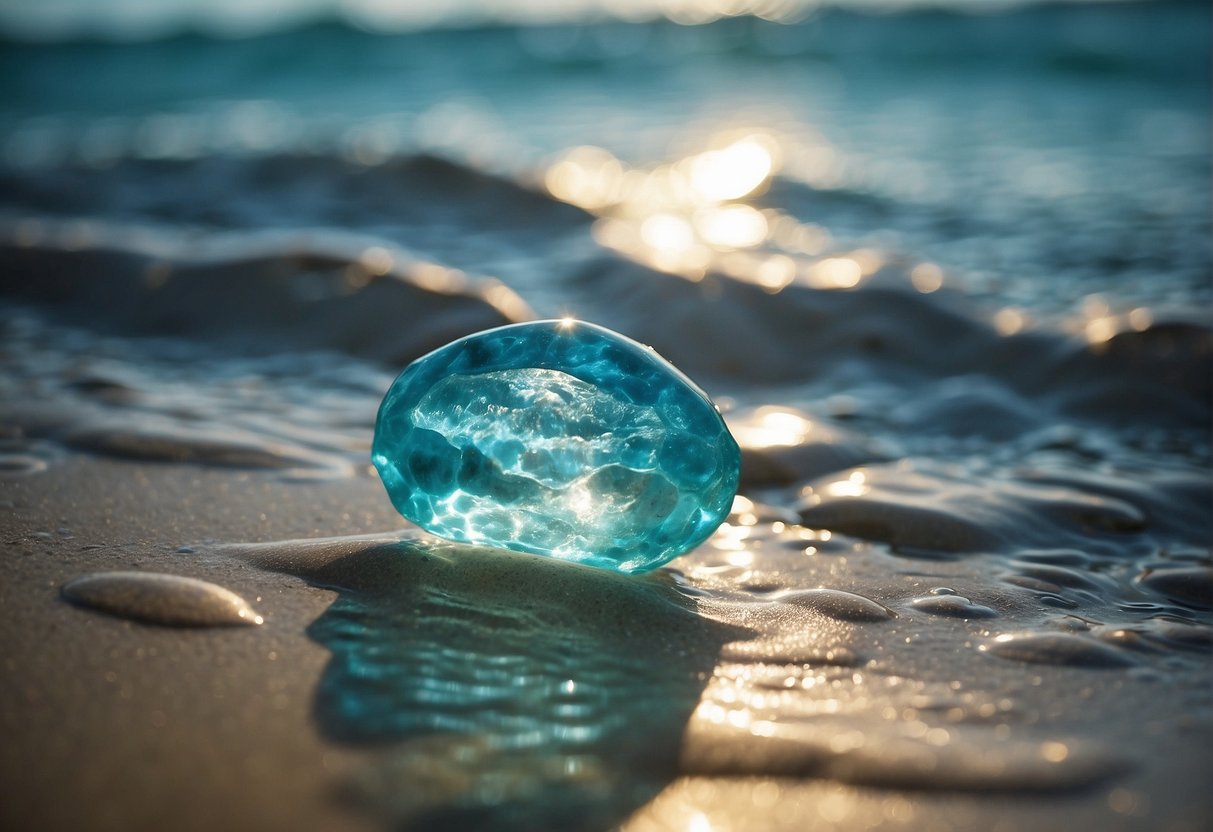 Ein ruhiger Ozean mit einem strahlenden Larimar-Stein, der aus dem Wasser auftaucht, umgeben von ätherischem Licht und mystischen Symbolen