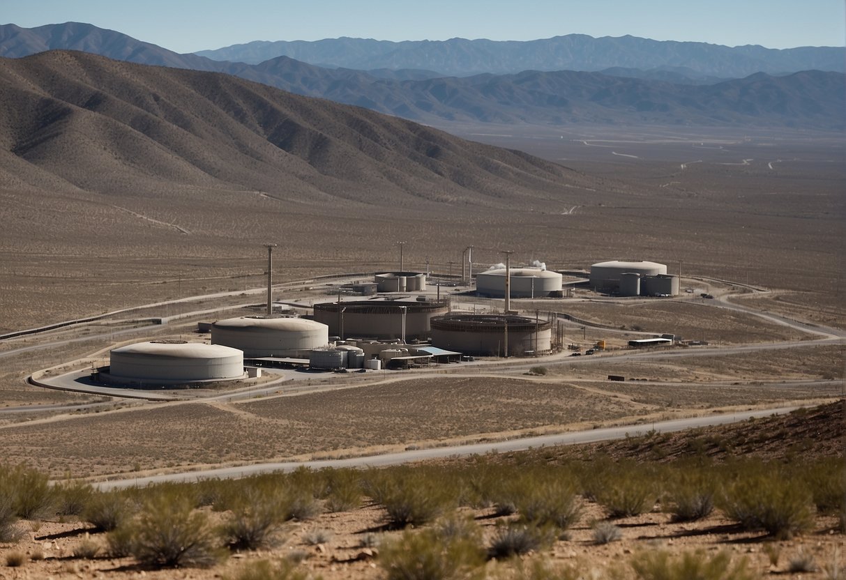 Several nuclear power plants stand in the distance at Yucca Mountain