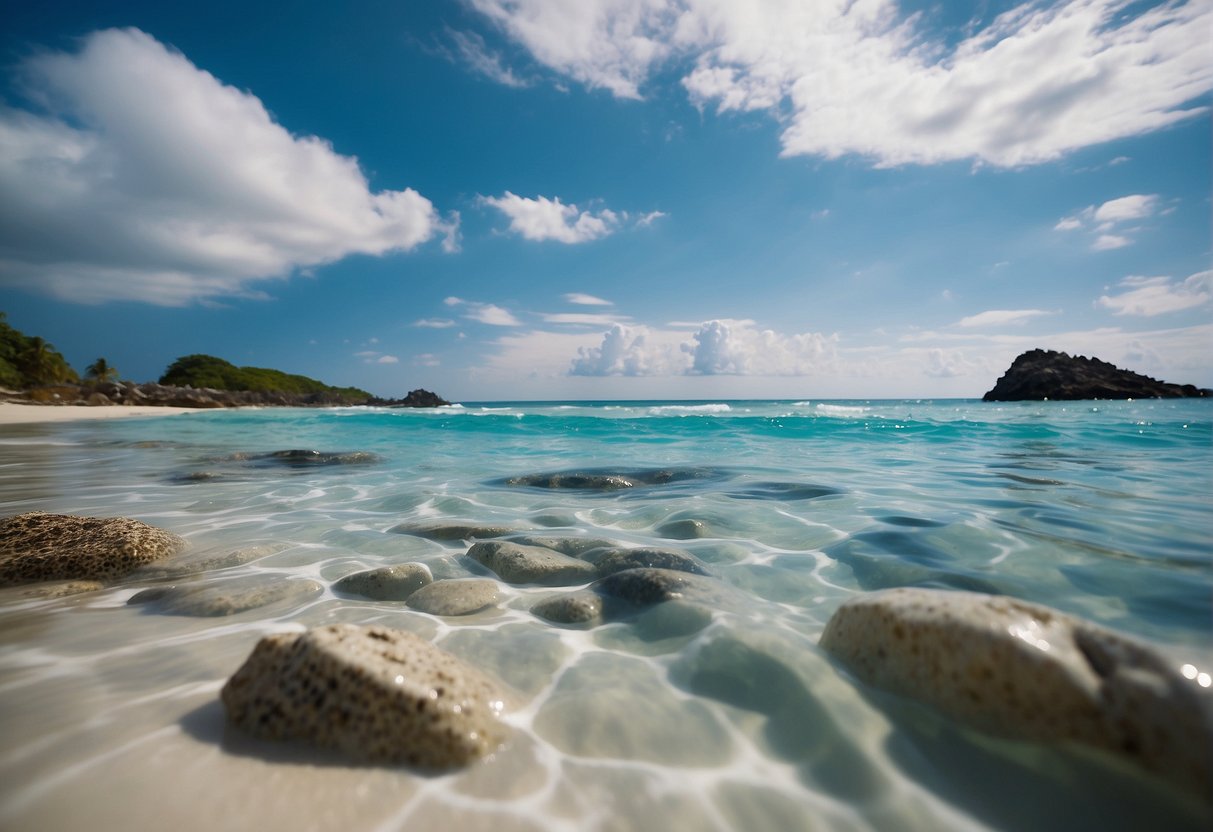 Ein ruhiger Strand mit strahlend blauem Himmel und kristallklarem Wasser, an dem ein Larimar-Stein zur Schau gestellt wird. Wellen schlagen sanft gegen das Ufer und erzeugen ein Gefühl der Ruhe und des Geheimnisses rund um die Eigenschaften des Steins