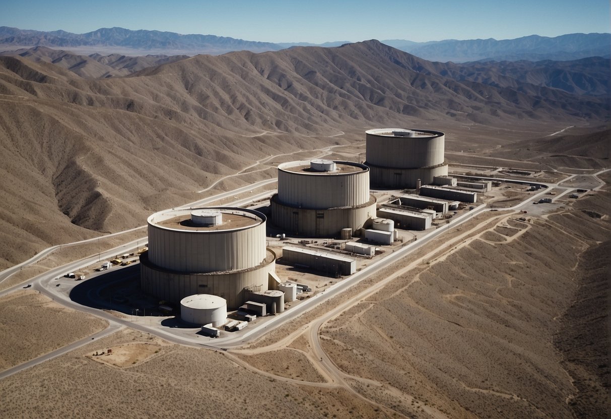 A cluster of nuclear power plants dot the landscape of Yucca Mountain, hinting at the potential impact and future prospects of nuclear energy in the region