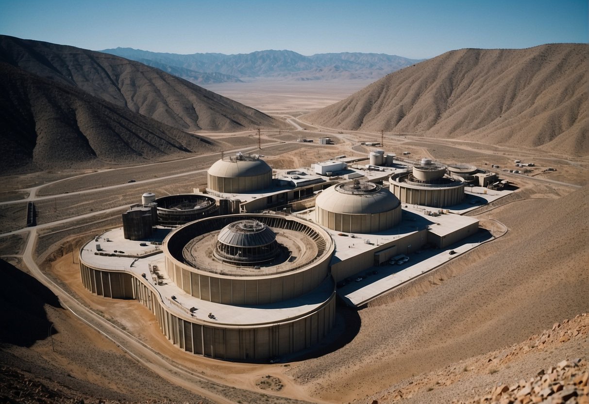 A series of nuclear power plant structures nestled within the rocky landscape of Yucca Mountain, surrounded by desert terrain