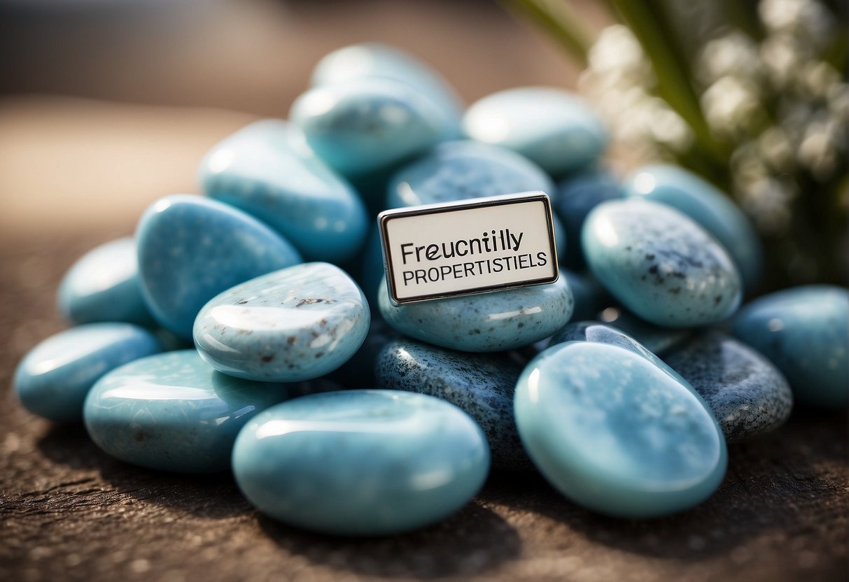 A pile of larimar stones with a sign reading "Frequently Asked Questions: Larimar Properties" next to them