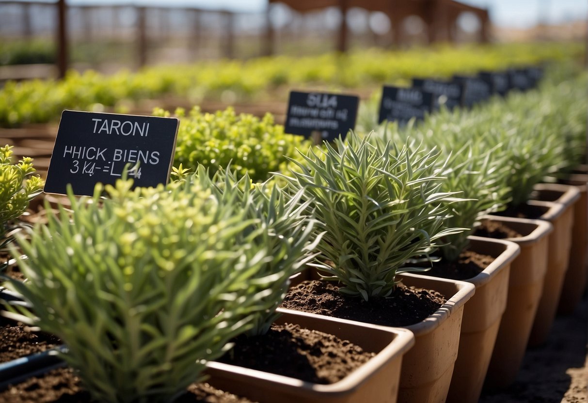 Gopher plants for sale at Yucca Valley nursery. Rows of vibrant green plants in pots, with a sign displaying prices and care instructions