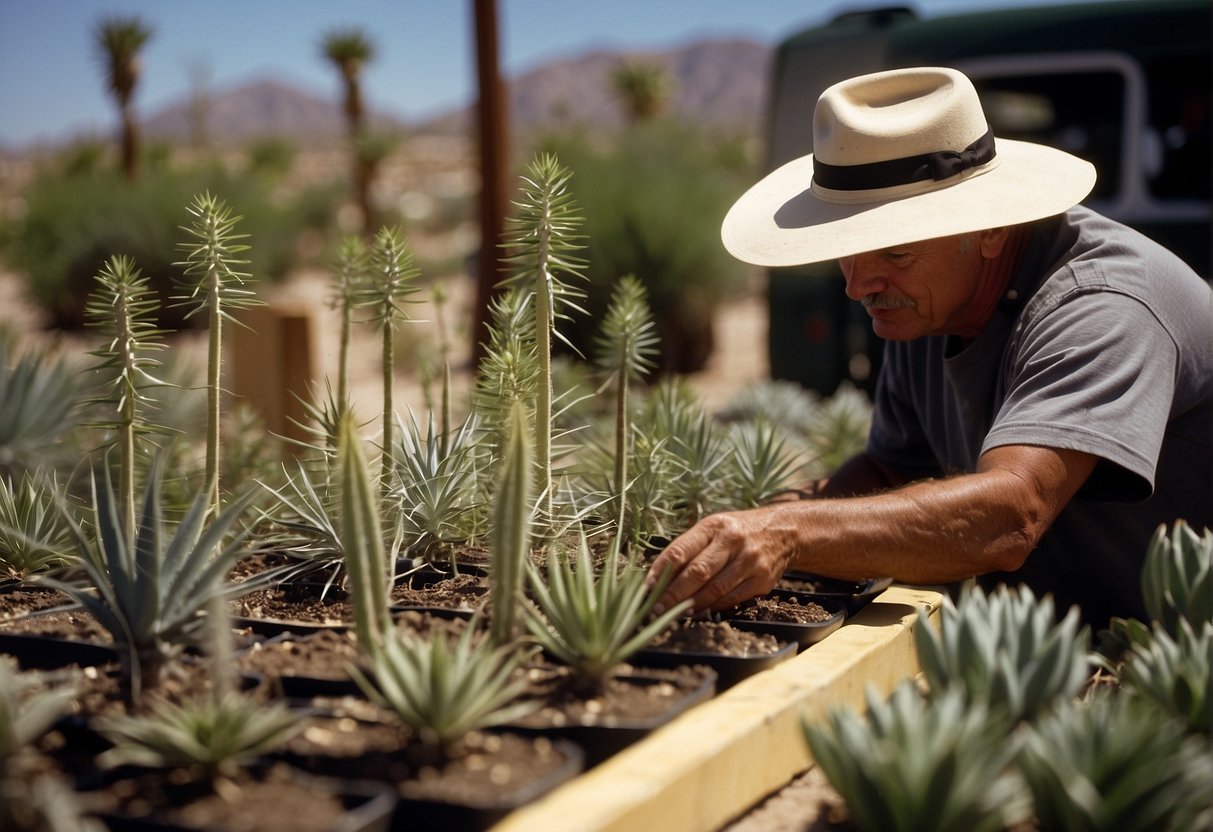 A customer selects gopher plants at a Yucca Valley nursery. A sign displays care instructions