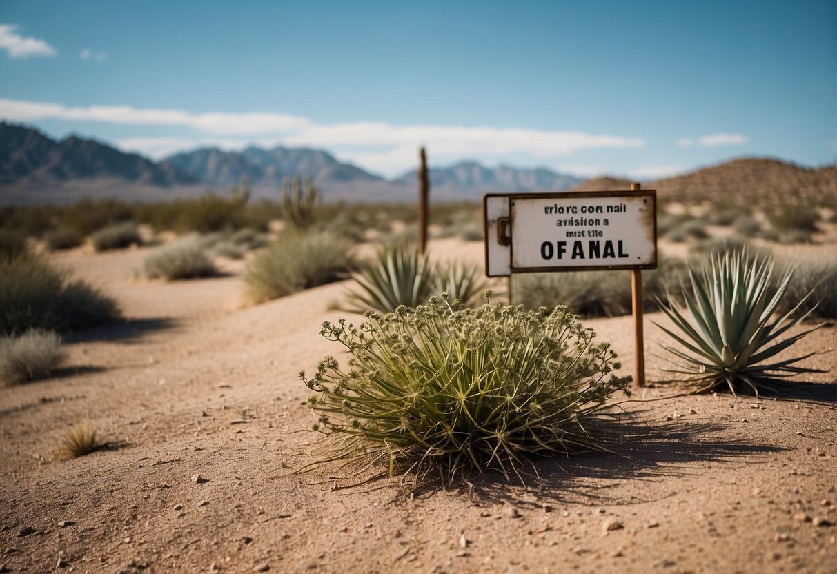 A desert landscape with gopher plants and yucca plants, with a sign reading "Gopher Plants for Sale" in Yucca Valley