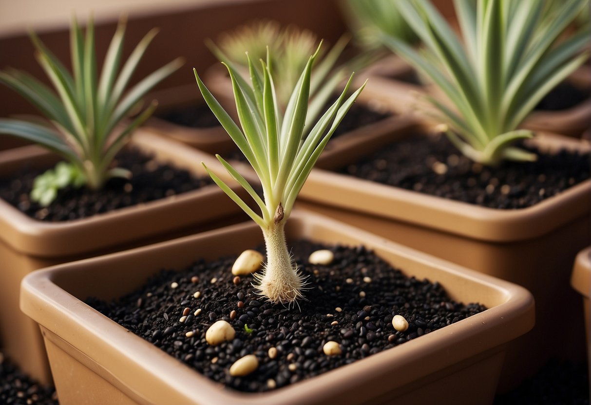Yucca seeds sprout in a pot of well-draining soil, kept moist and warm. A small shoot emerges, growing into a sturdy, sword-shaped plant