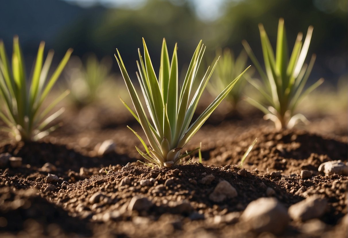 Yucca seedlings are carefully planted in well-draining soil, receiving ample sunlight and occasional watering to reach maturity