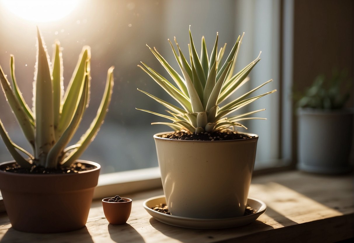 Yucca seeds in a small pot, surrounded by soil and a watering can nearby. Bright sunlight shining through a nearby window
