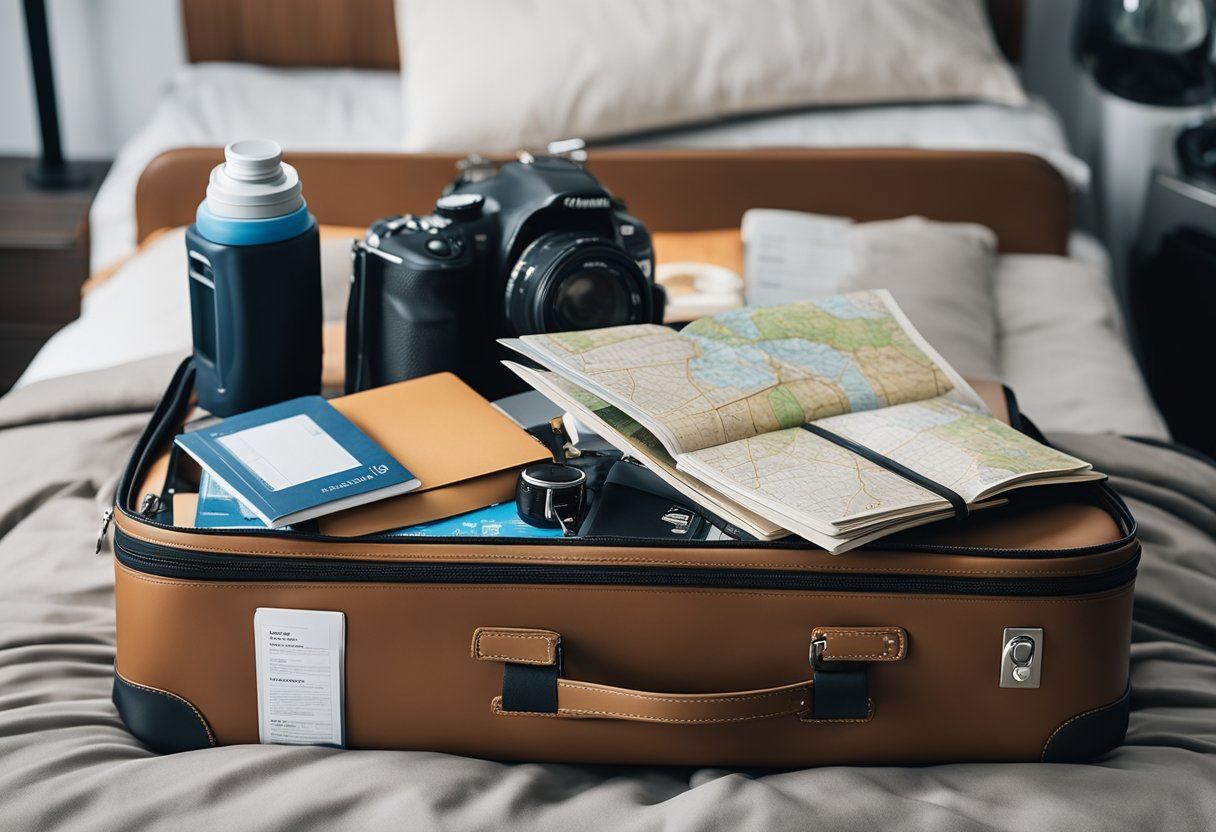 A suitcase packed with essentials sits open on a bed. A map, guidebook, and passport lay nearby. A backpack is filled with water bottle and snacks