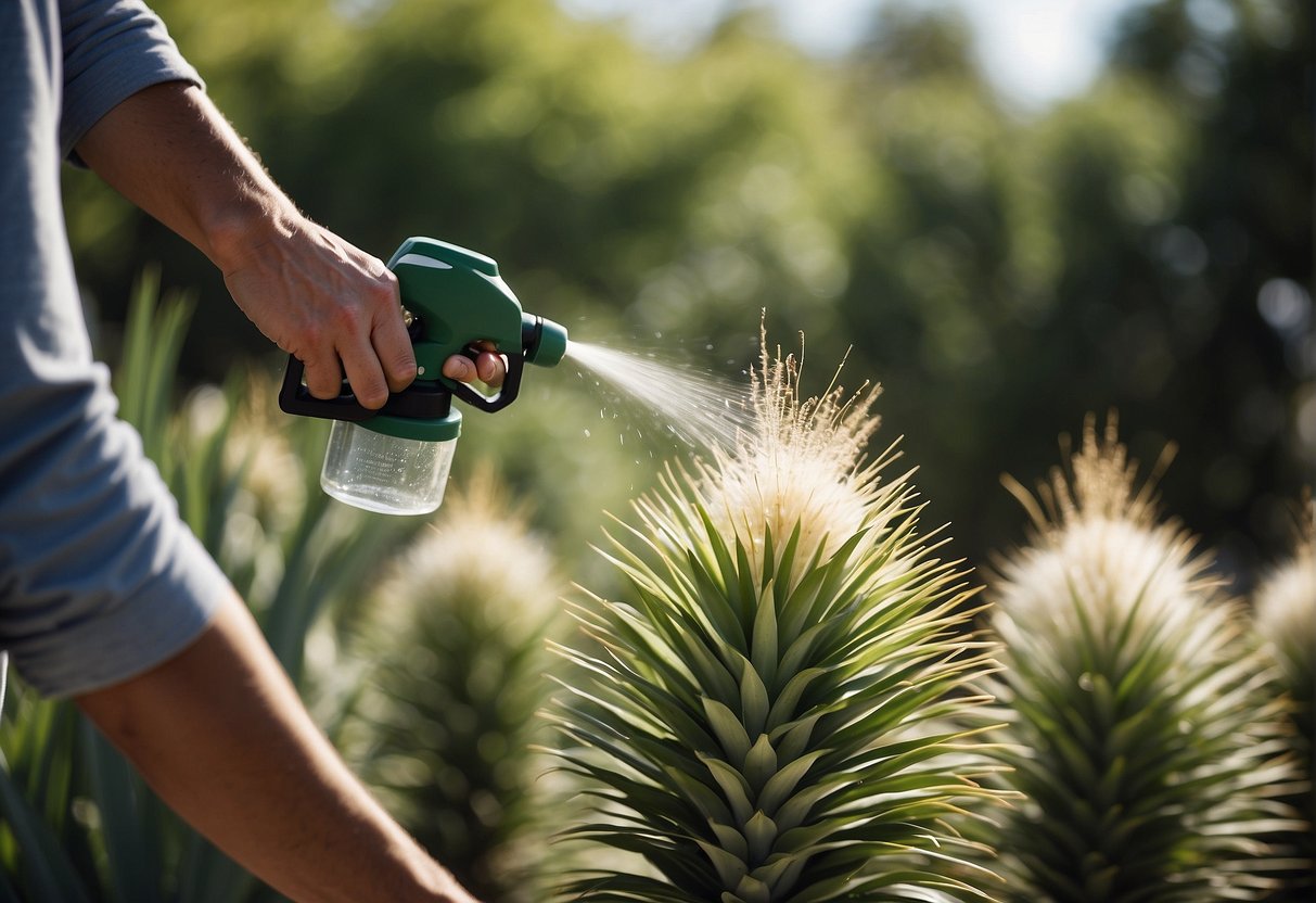 A person spraying herbicide on yucca plants in a garden