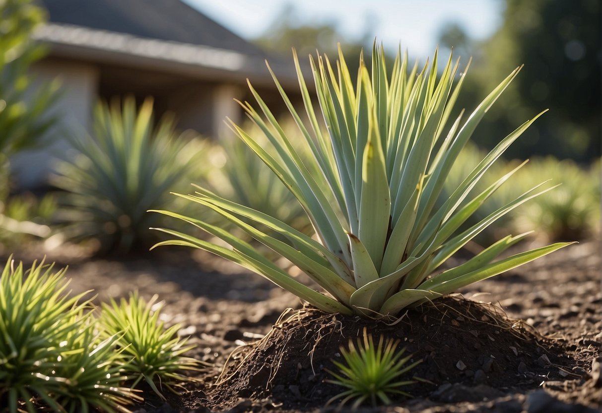 Yucca plants being uprooted and disposed of in a garden or outdoor setting