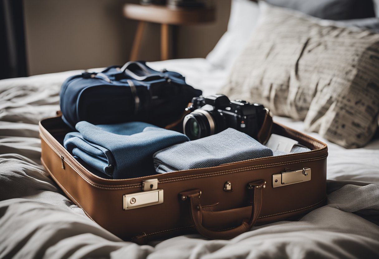 A suitcase sits open on a bed, filled with neatly folded clothes and travel essentials. A map and guidebook lay nearby, ready for the solo traveler's next adventure
