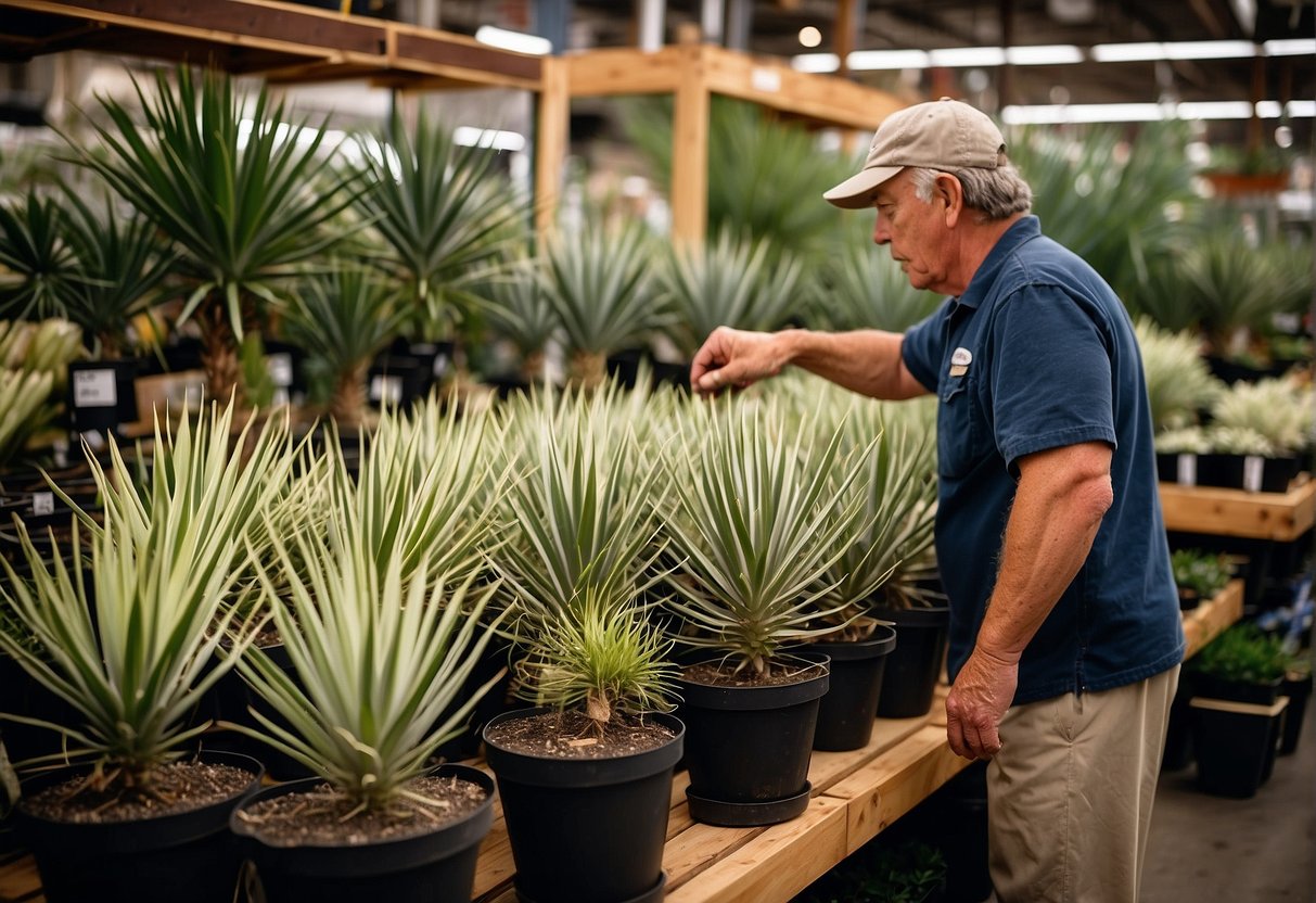 A customer selects yucca plants at a garden center in Spokane, WA. The plants are displayed in pots on wooden shelves with price tags