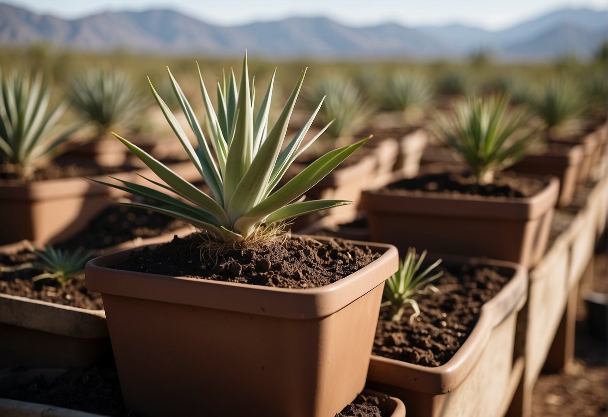 Yucca plants lifted from pots, roots loosened, and placed into larger containers with fresh soil