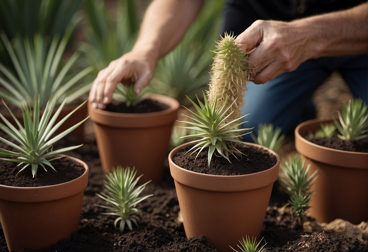 A group of yucca plants being carefully removed from their current pots, soil being shaken off their roots, and then gently placed into new, larger pots with fresh soil