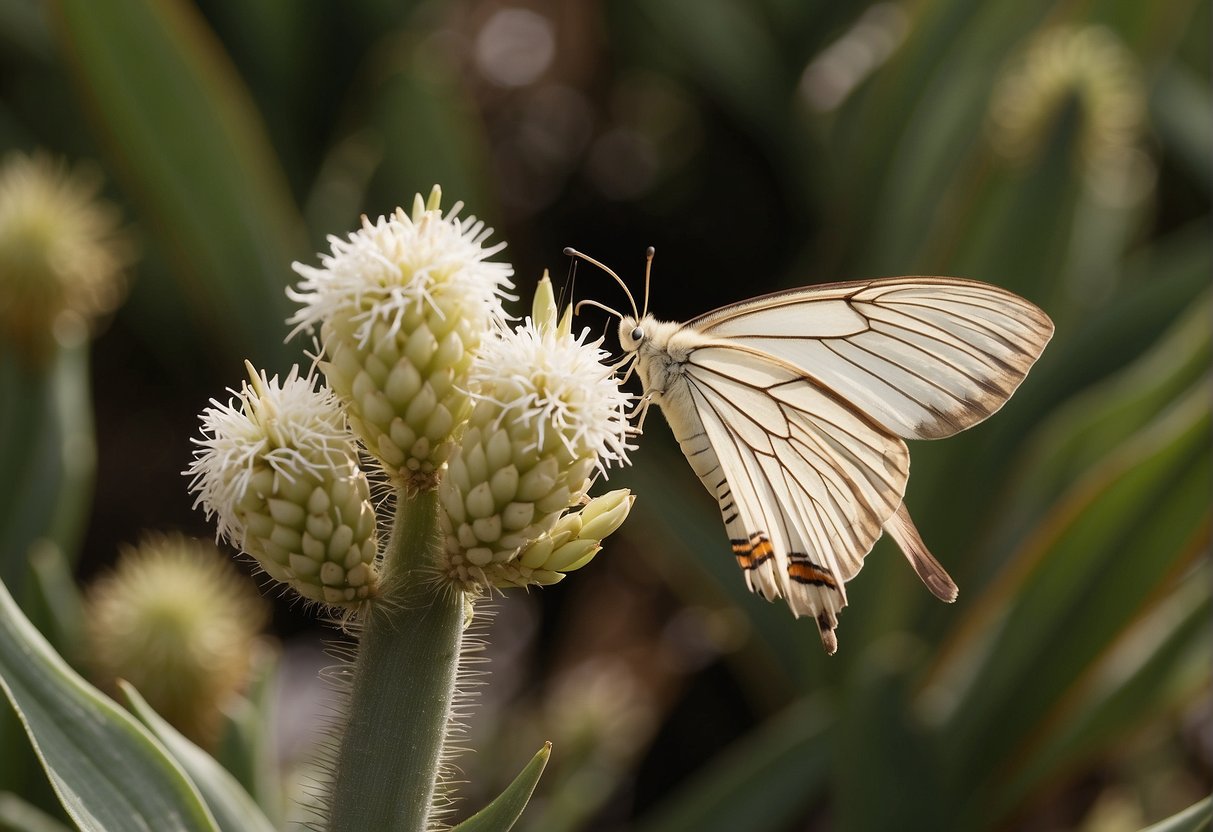 A yucca plant and yucca moth interact in a mutualistic relationship, with the moth pollinating the plant while laying its eggs in the flower