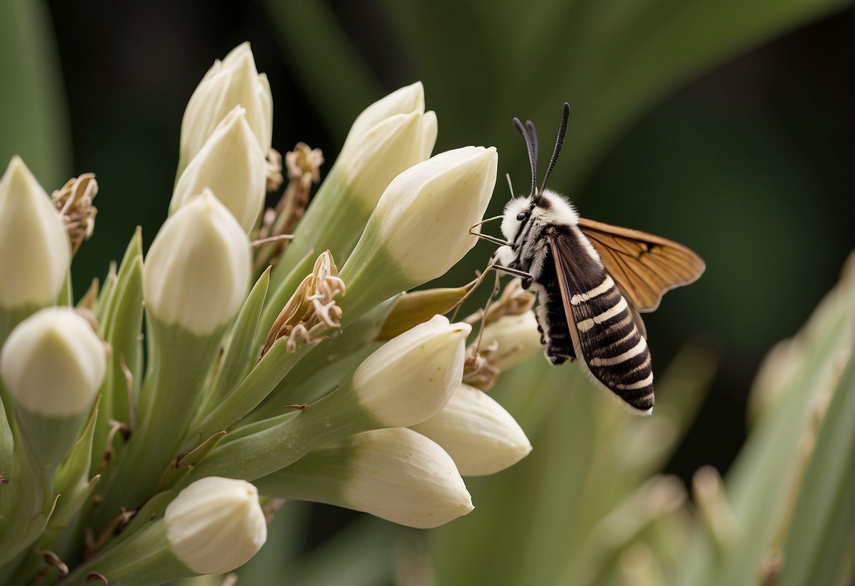 A yucca plant and yucca moth interact to pollinate and reproduce, illustrating their mutualistic relationship