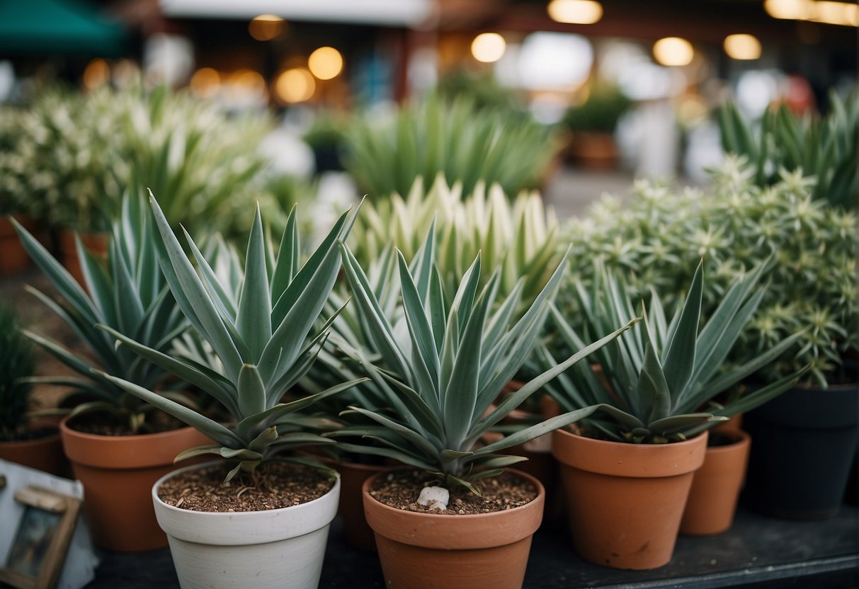 A market stall displays yucca plants in Denver. The vibrant green leaves stand out against the backdrop of other potted plants