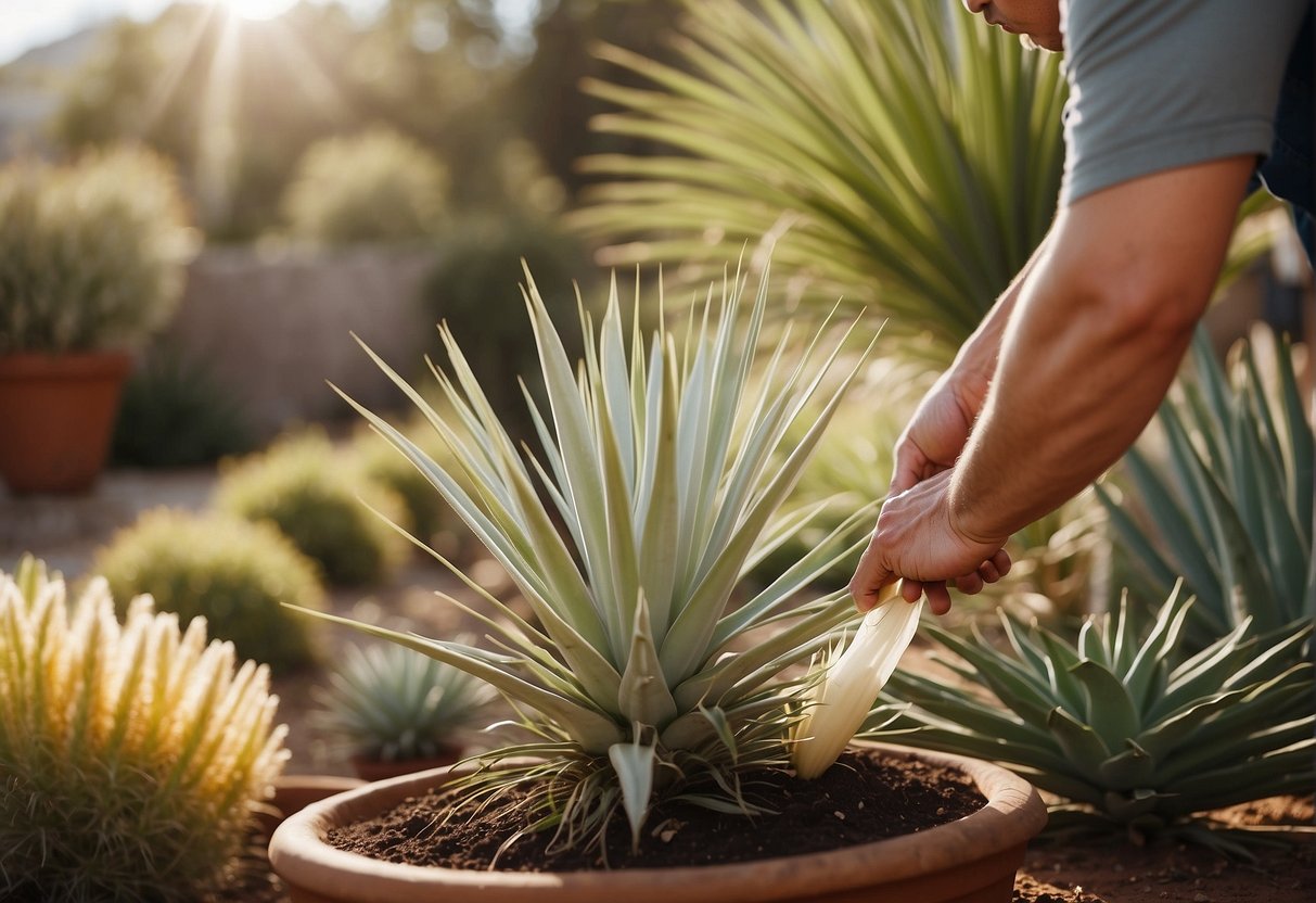 A person waters a yucca plant in a sunny Denver garden