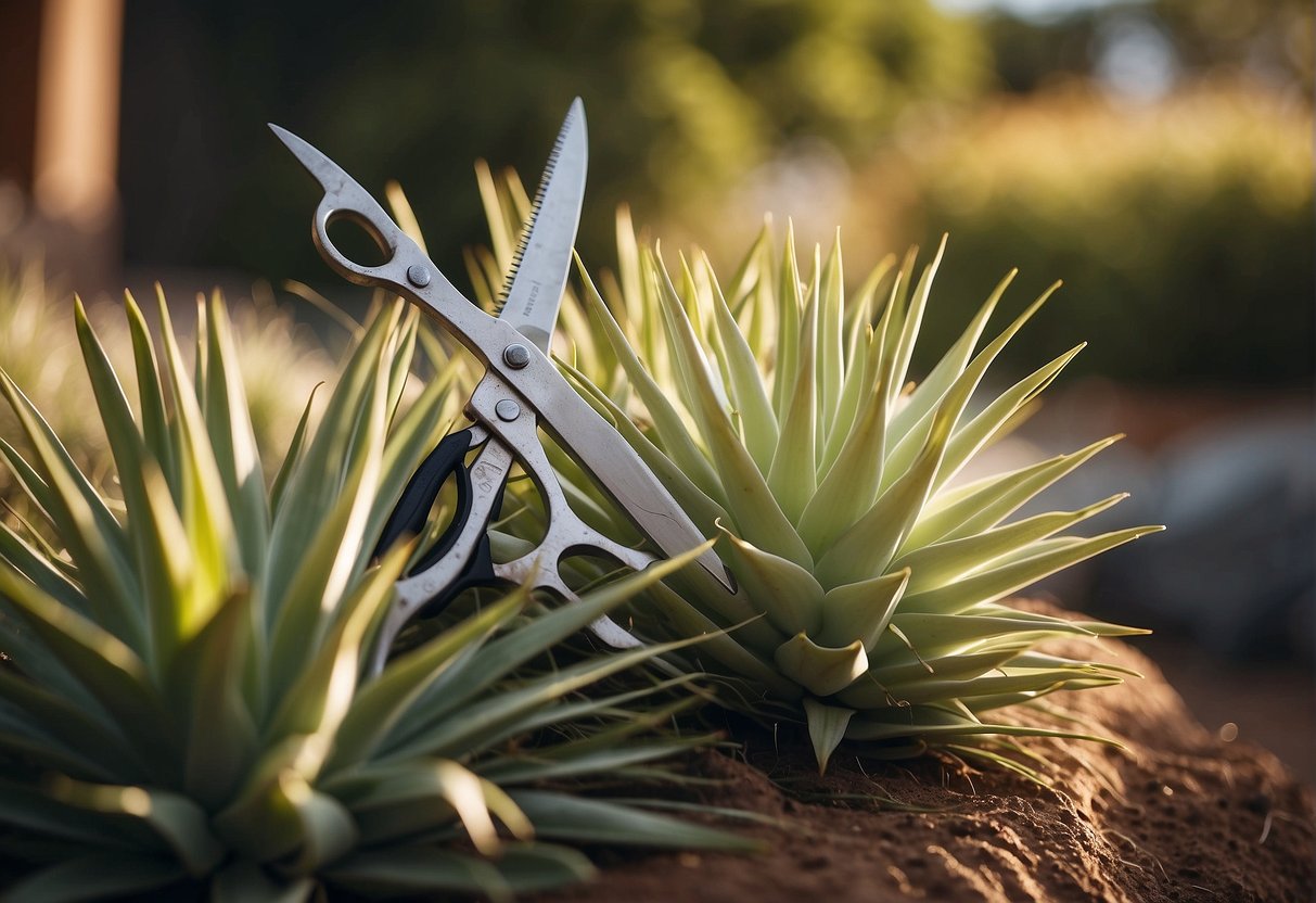 A pair of gardening shears cutting back yucca plants in a sunny backyard