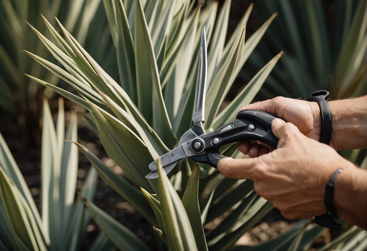 Yucca plants being trimmed with gardening shears, surrounded by a list of frequently asked questions about yucca plant care