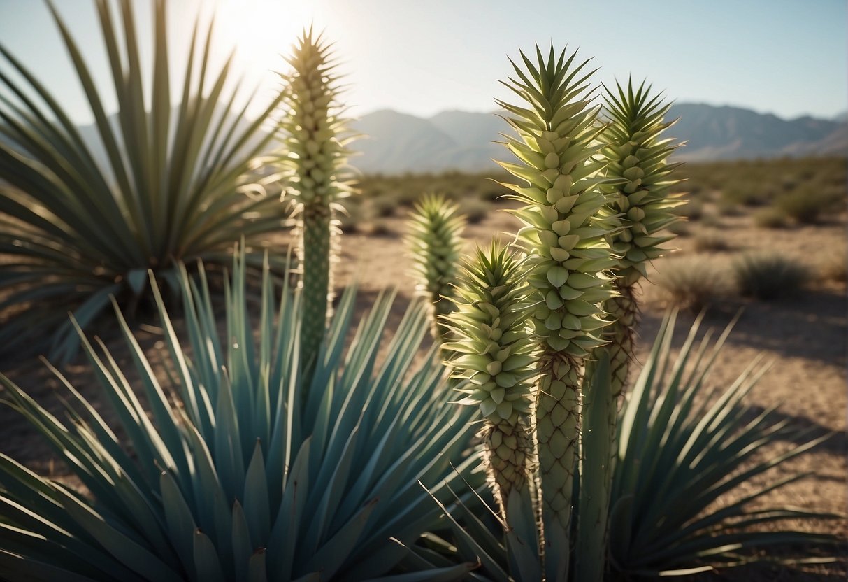 Lush yucca plants sway in the desert breeze, their long, sword-shaped leaves reaching towards the sun