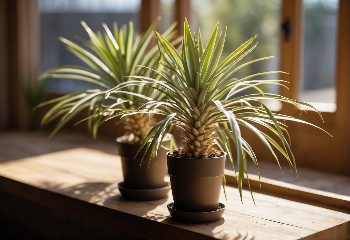 Healthy yucca plants in a bright, sunny room with well-draining soil and no signs of wilting or yellowing leaves
