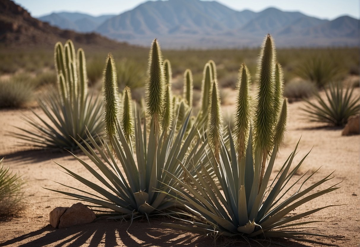 A group of yucca plants, some tall and spiky, others shorter with broad leaves, stand in a sunny desert landscape