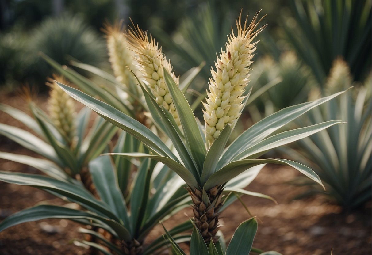 Yucca plants infested with bugs, showing damage to leaves and stems