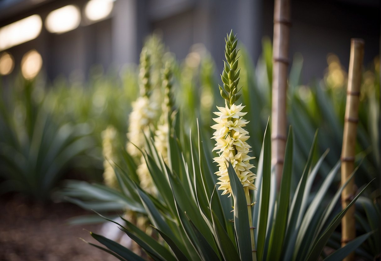 Yucca plants are staked up with bamboo poles. The poles are placed around the plant and tied together to support its growth