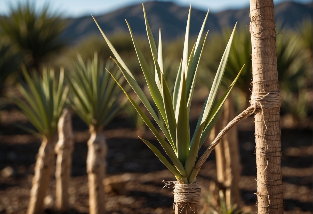 Yucca plant being staked with garden twine, secured with stakes. Pruning shears used to remove dead leaves