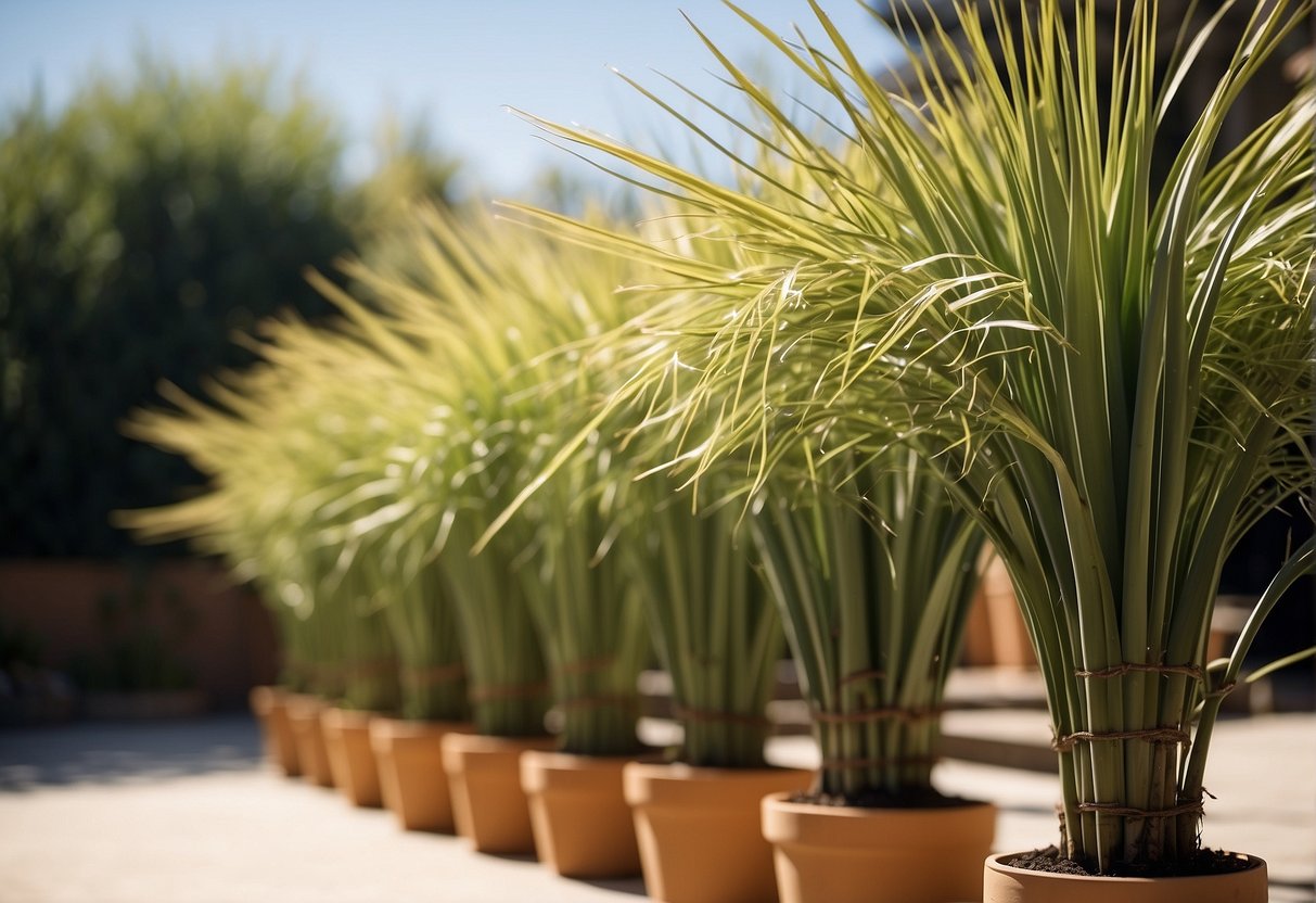 Yucca plants being staked up with garden twine and bamboo stakes in a sunny outdoor setting