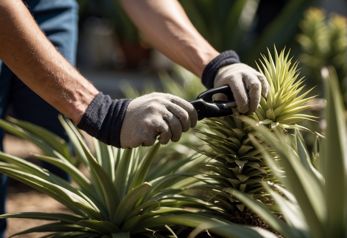 A gardener prunes yucca plants in a sunny backyard, using sharp shears to trim dead leaves and maintain the plant's shape