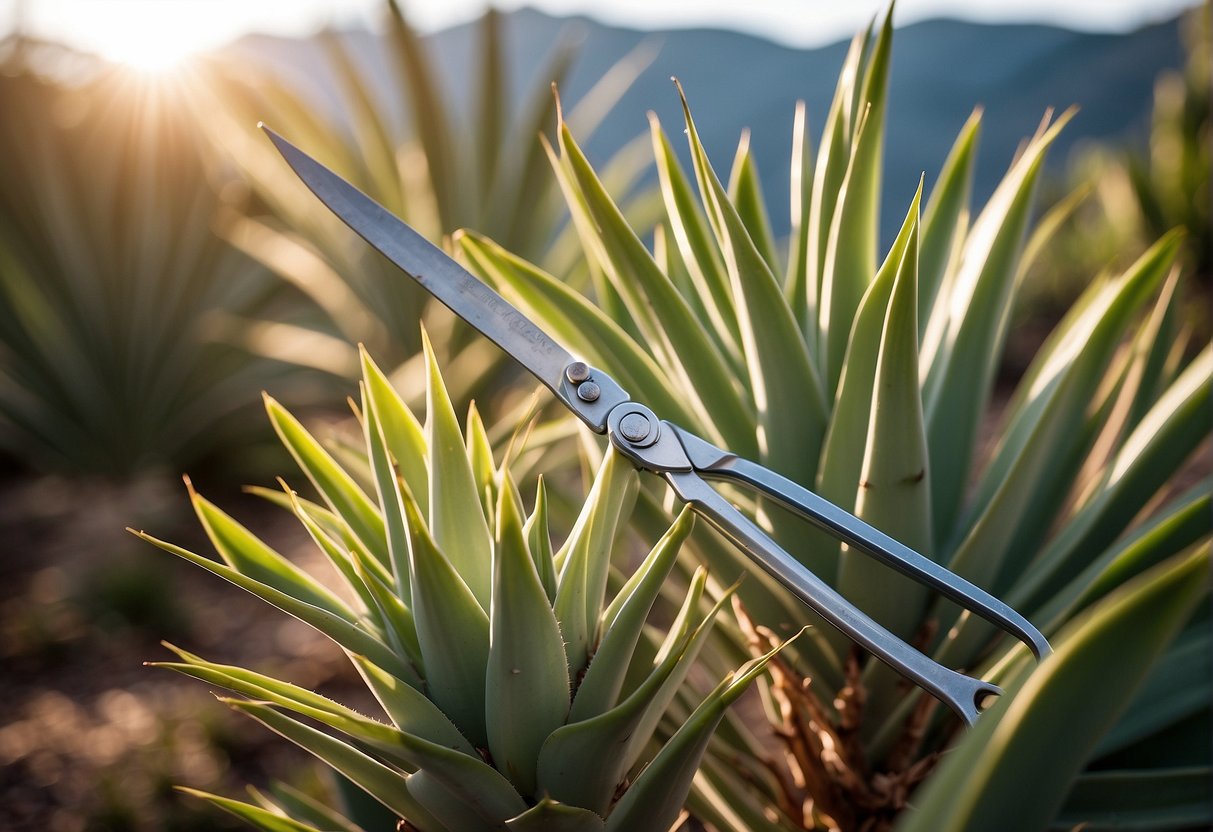 A pair of pruning shears cutting back the long, spiky leaves of a yucca plant, with a pile of trimmed foliage nearby