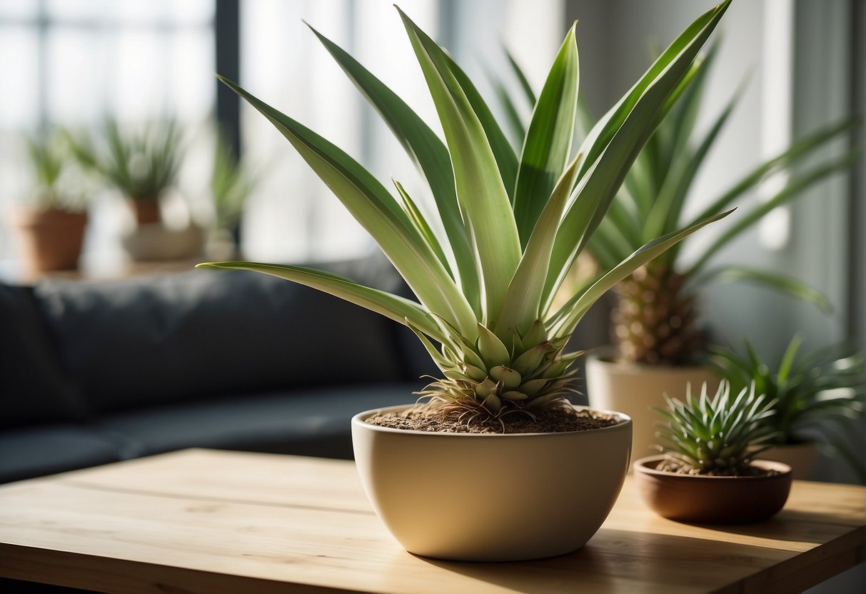 A yucca plant sits in a bright, airy room, placed in a well-draining pot. It is watered sparingly, with occasional misting and rotated regularly to ensure even growth