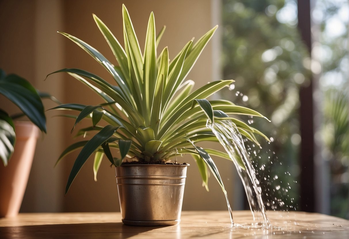 A watering can pours water onto the base of a yucca plant in a sunny room