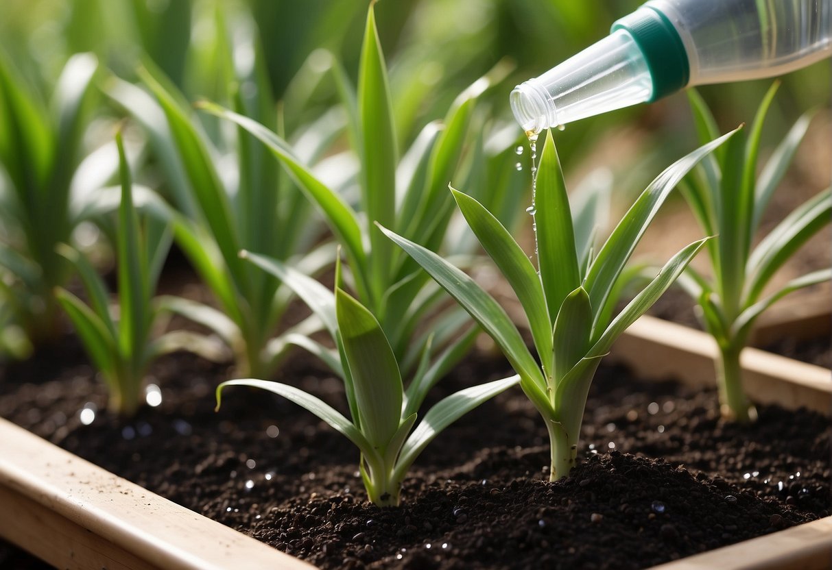 Yucca plants being fed with liquid fertilizer, water droplets glistening on the green leaves, a small measuring cup pouring the solution onto the soil