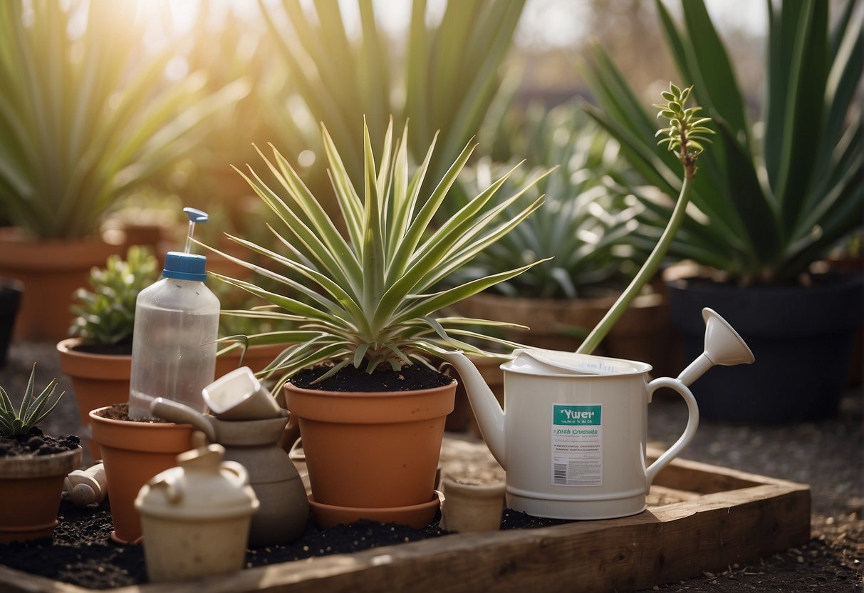 A yucca plant being watered with a small watering can, surrounded by bags of fertilizer and a potting mix